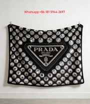Prada Black Velvet Rhinestone Embellished Triangle Logo Throw Blanket IMG_2697